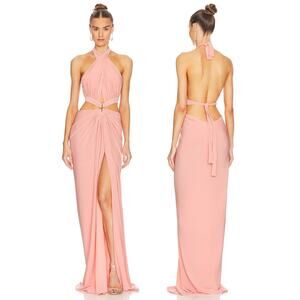 J.Angelique Tori Maxi Dress Halterneck Tie Back Cut-Out Slit Light Coral Size M
